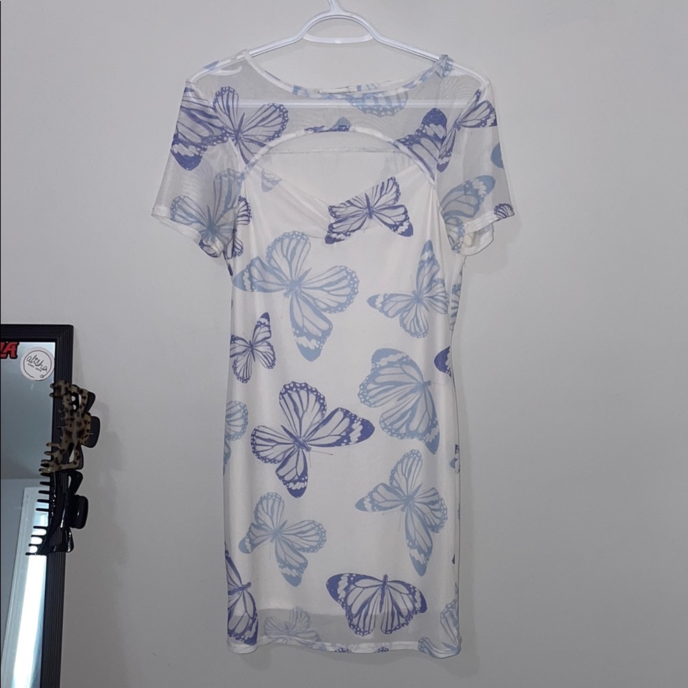 Caution To The Wind White and Blue Butterfly Midi Dress